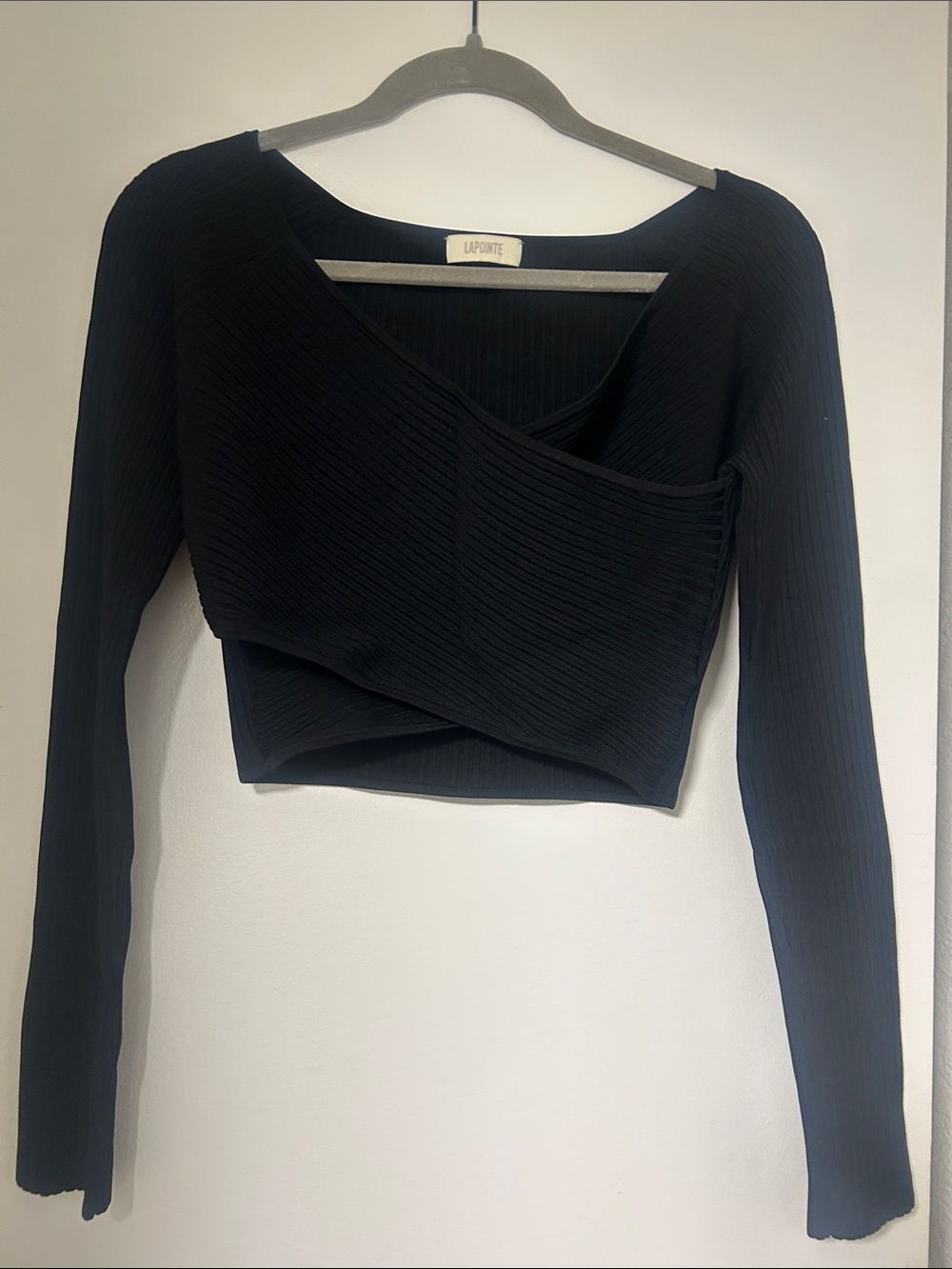 LAPOINTE Black Ribbed Cropped Wrap Long-Sleeve Top